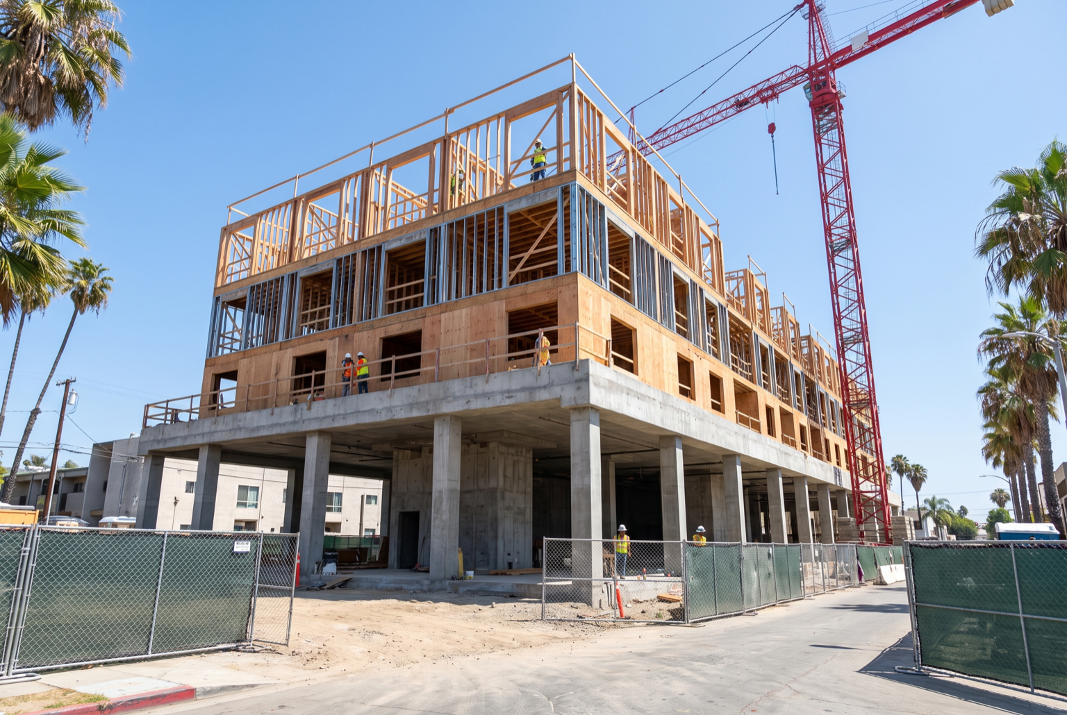 Mid-rise building under construction with a concrete podium base, wood framing above, and a tower crane