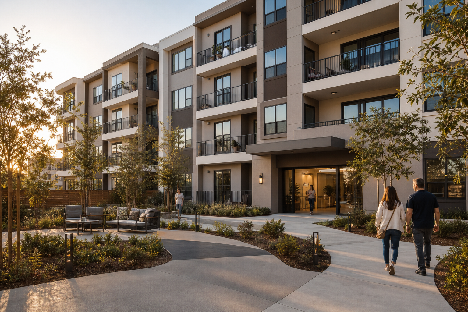 Completed five-story apartment building with balconies, entry, and landscaped courtyard