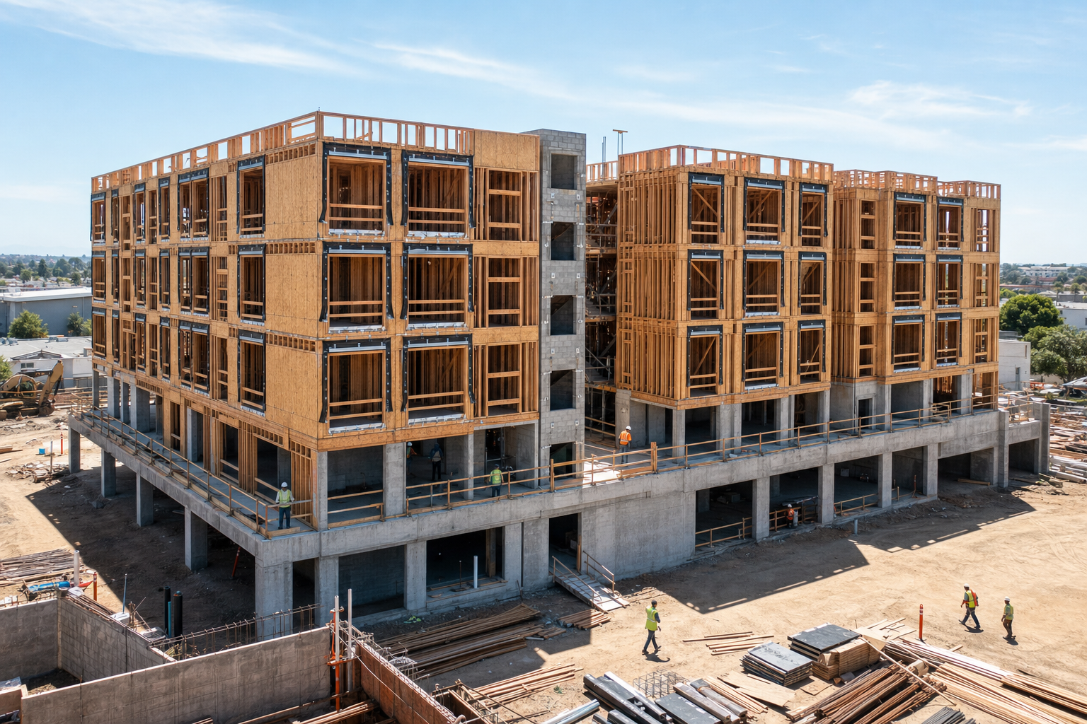 Five-story apartment building with residential wood framing above a concrete podium under construction