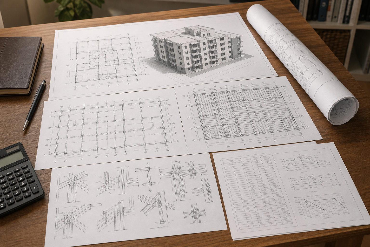 Coordinated multi-family structural plans, details, and calculations arranged on a desk