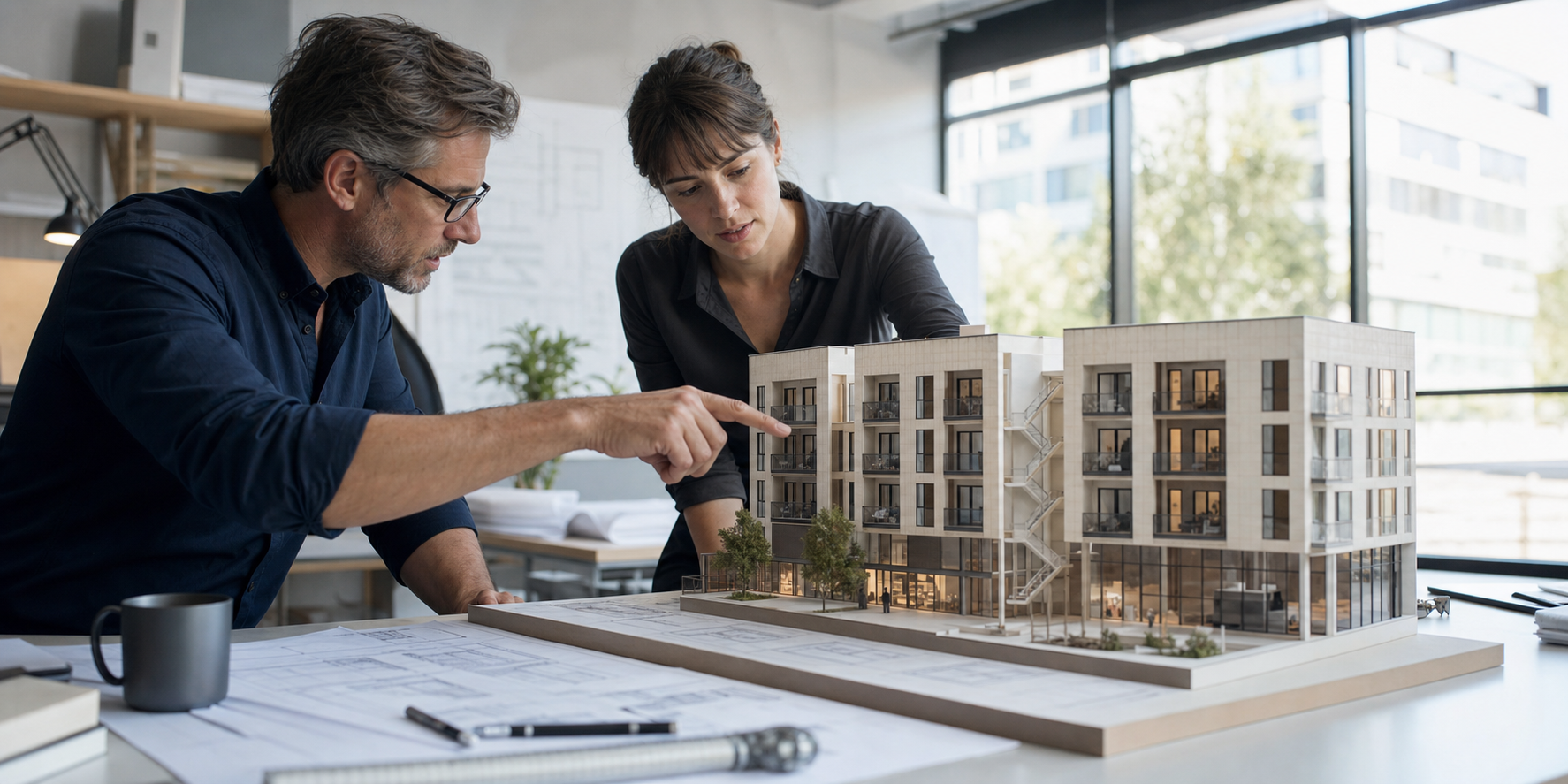 Project team reviewing a physical model of a multi-family apartment building