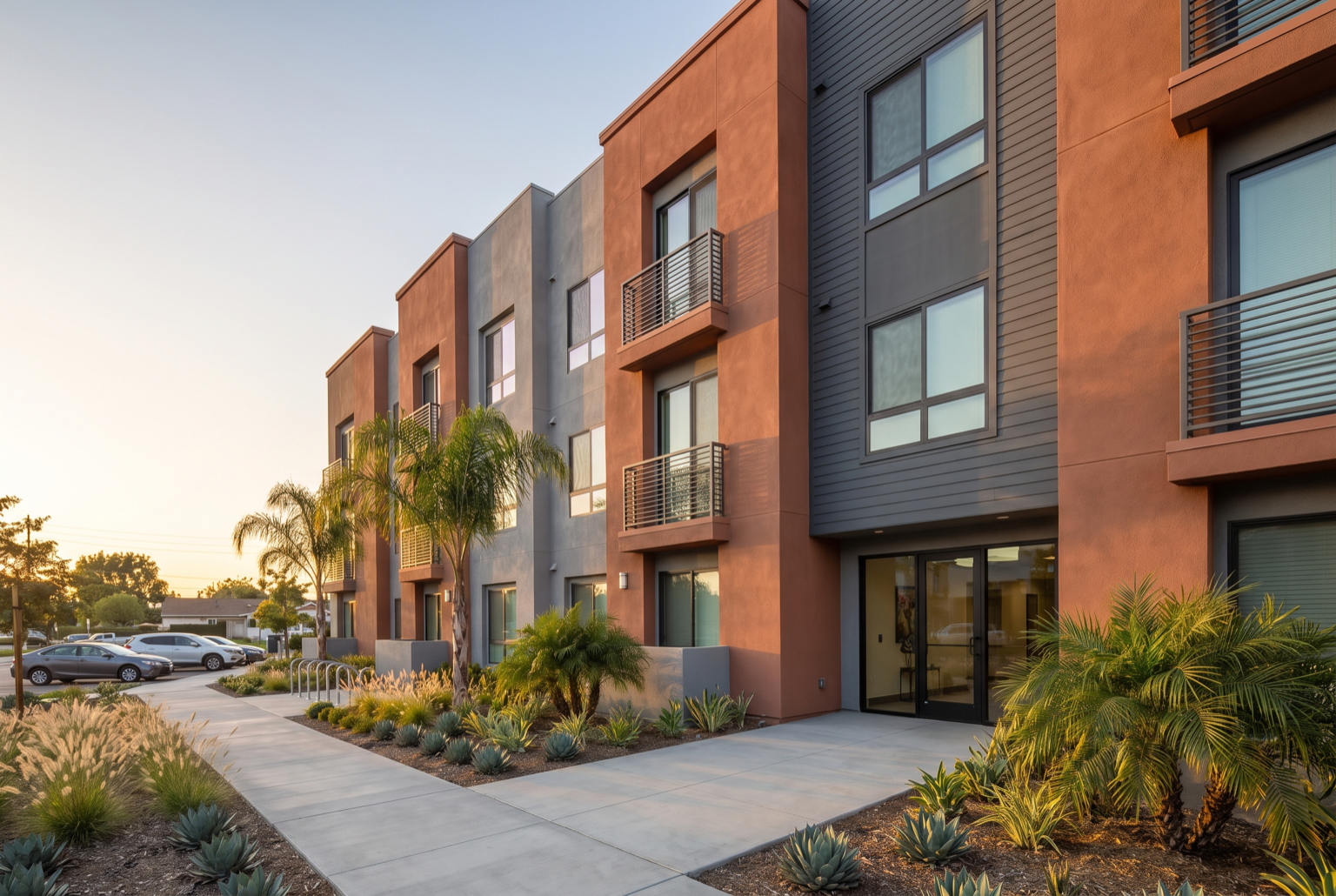 Completed modern multi-family apartment building with balconies and a landscaped entry at dusk