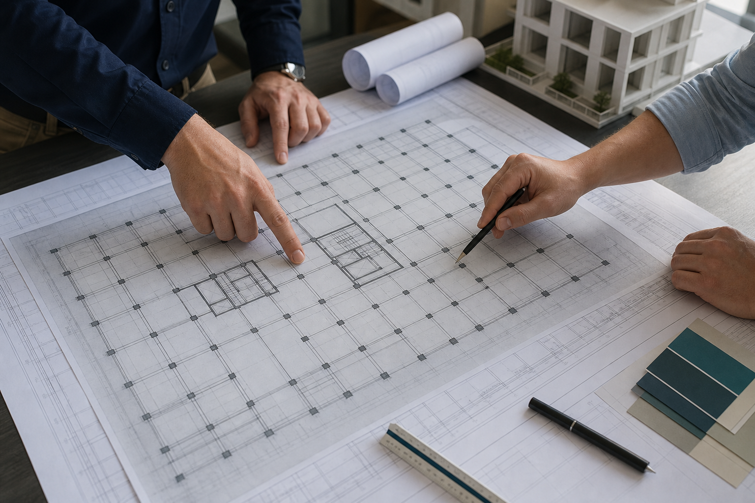 Architect and Professional Engineer coordinating a structural grid on multi-family building plans