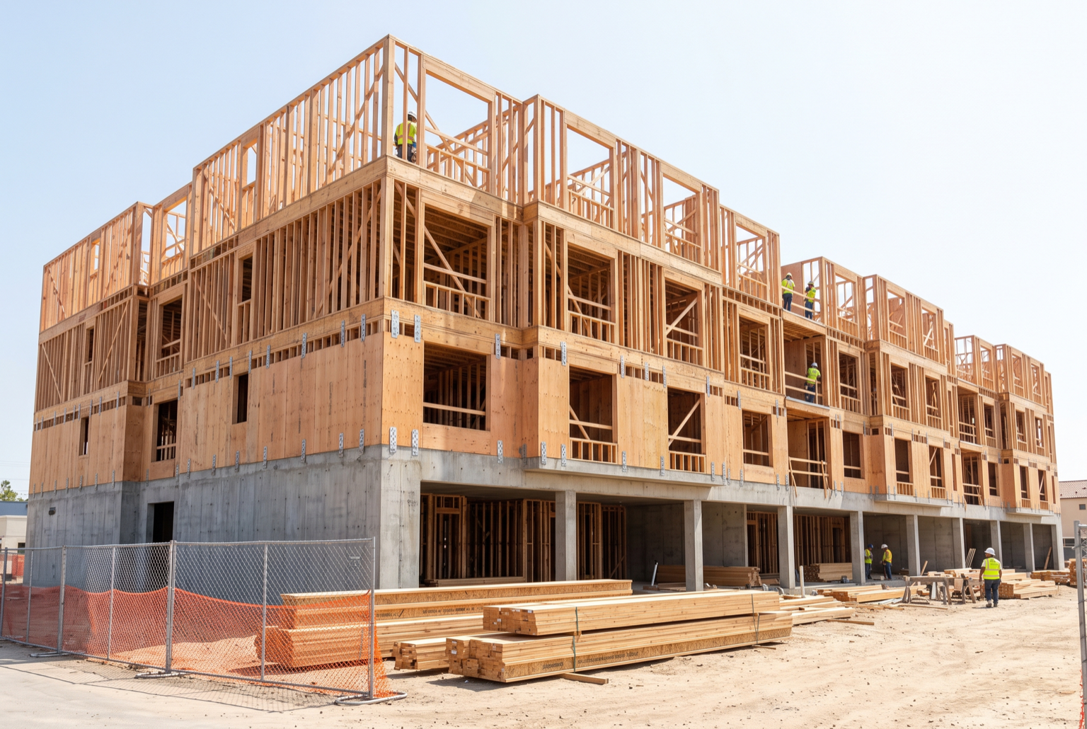Multi-family building under construction: concrete podium with wood framing and shear-wall hold-downs above