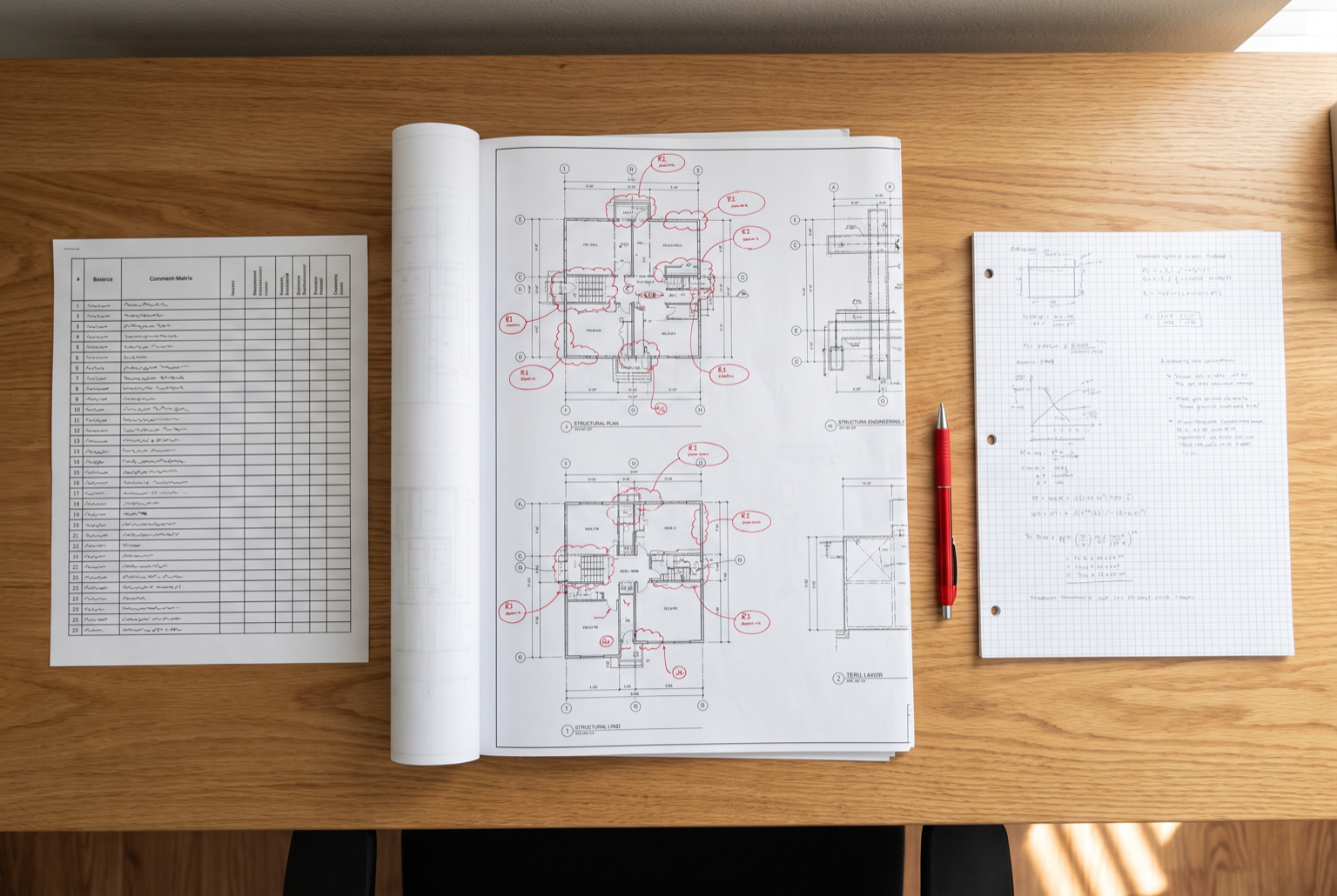 Comment matrix displayed beside marked-up building plans
