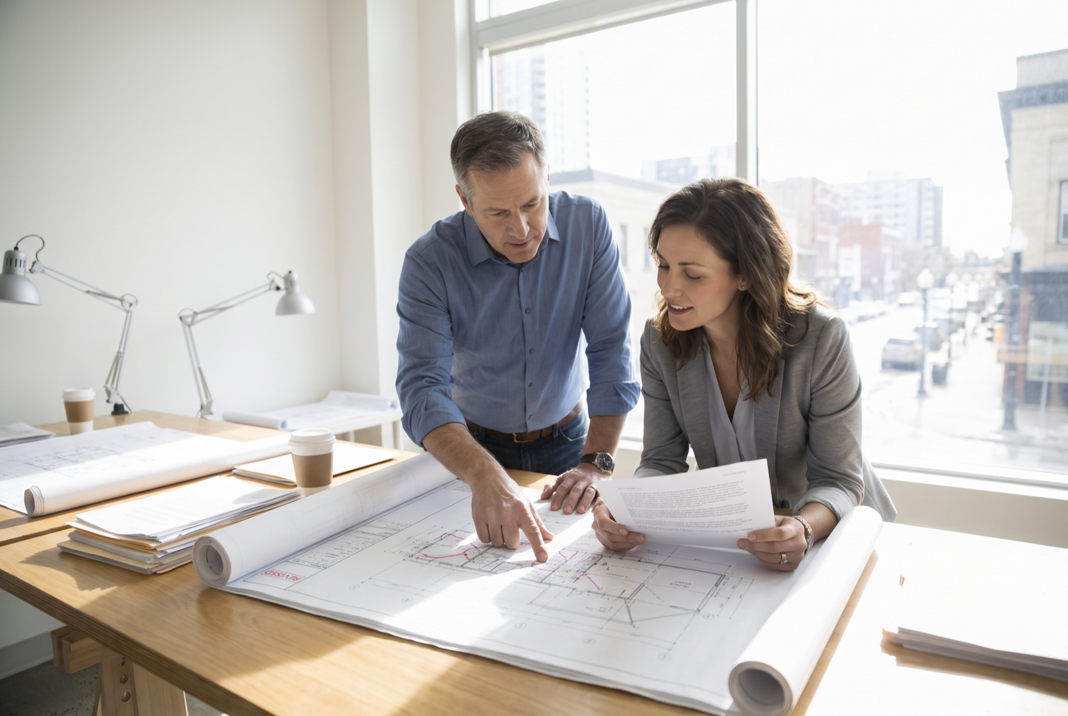 Client and Professional Engineer reviewing a resubmittal plan package