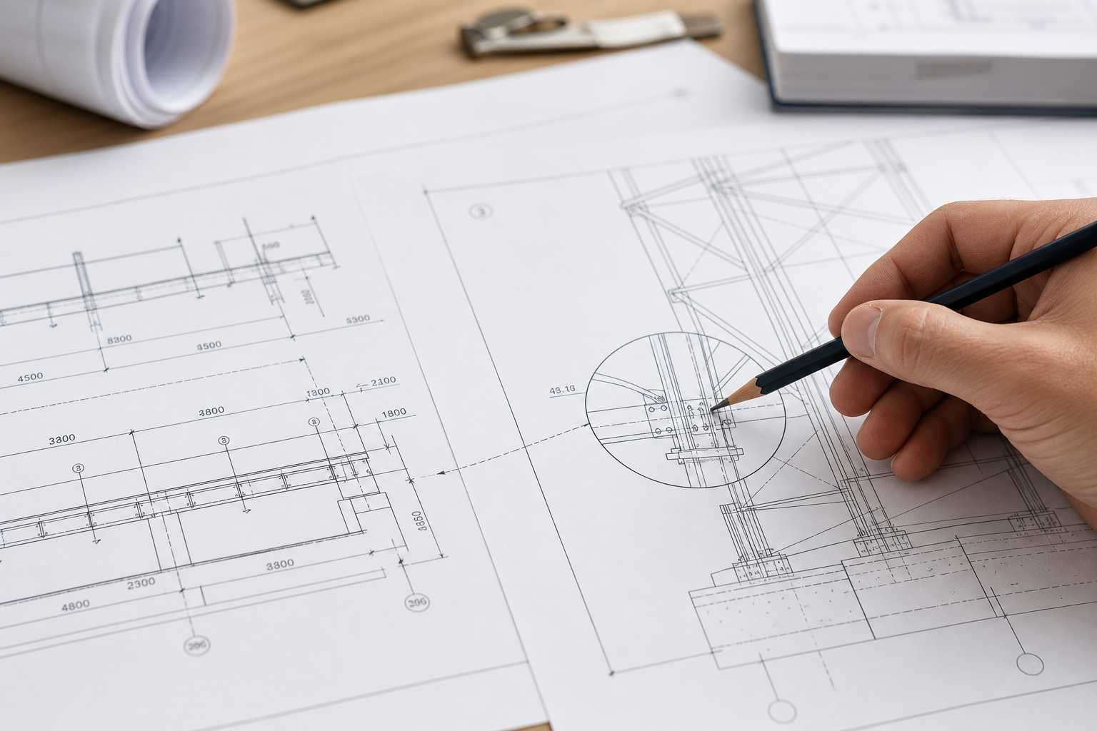 Structural drawing detail being traced during plan review
