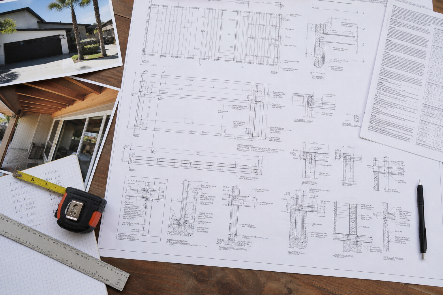 Residential structural drawings, calculations, field measurements, and house photos