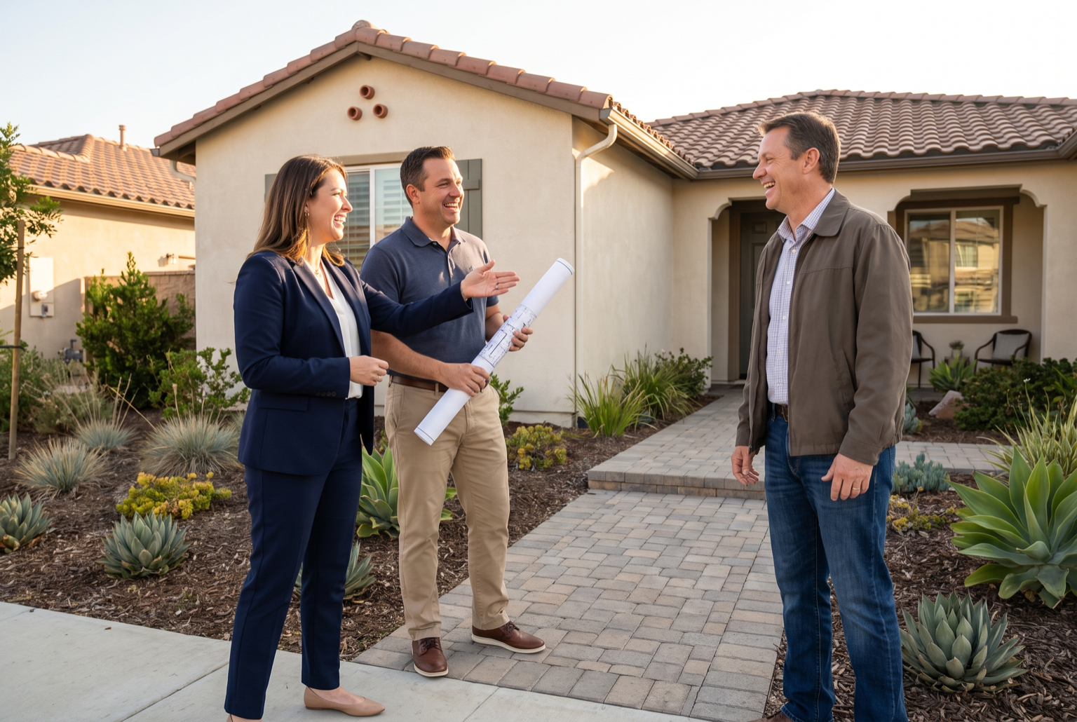 Homeowner and project professional discussing a completed residence