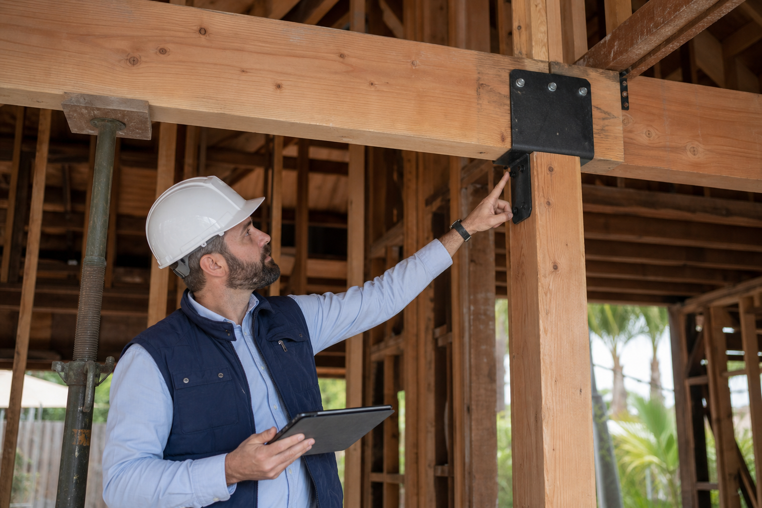Professional Engineer reviewing a residential beam-to-post connection