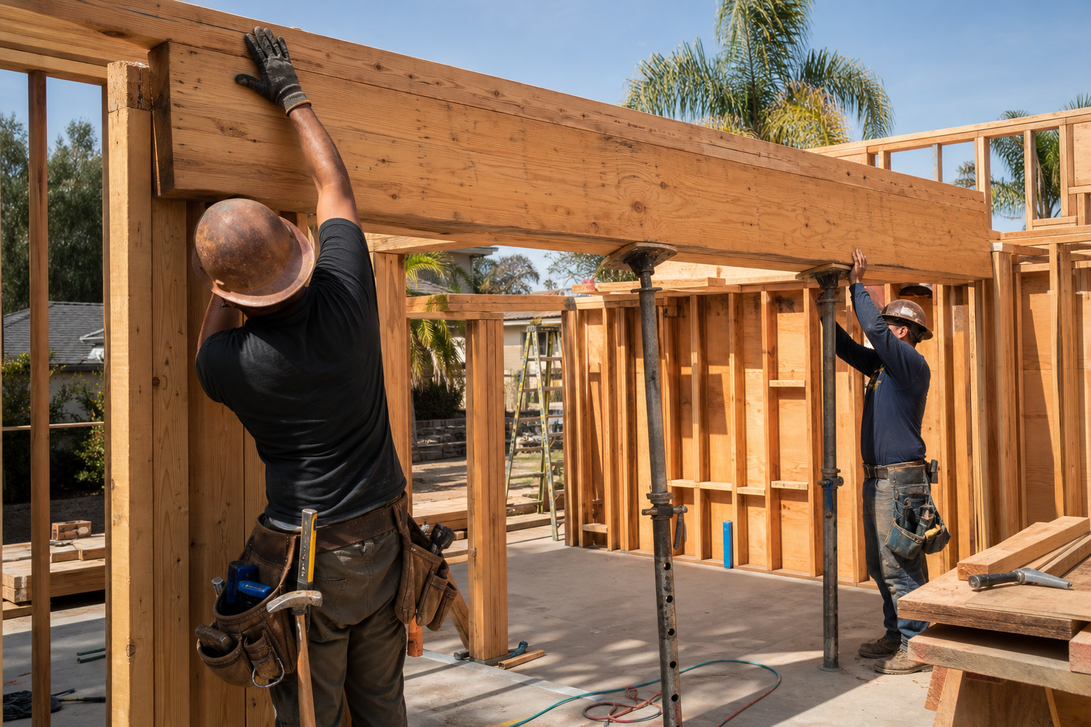 Contractors installing a supported wood beam over a residential opening