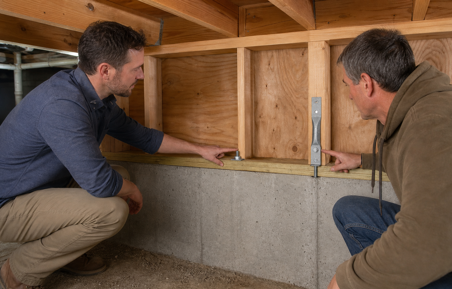 Professional Engineer and contractor reviewing foundation anchorage and cripple-wall strengthening