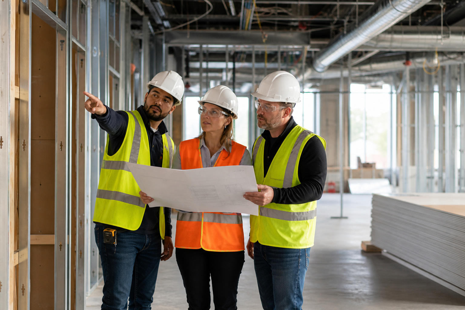 Professional Engineer, architect, and contractor coordinating inside a commercial tenant build-out