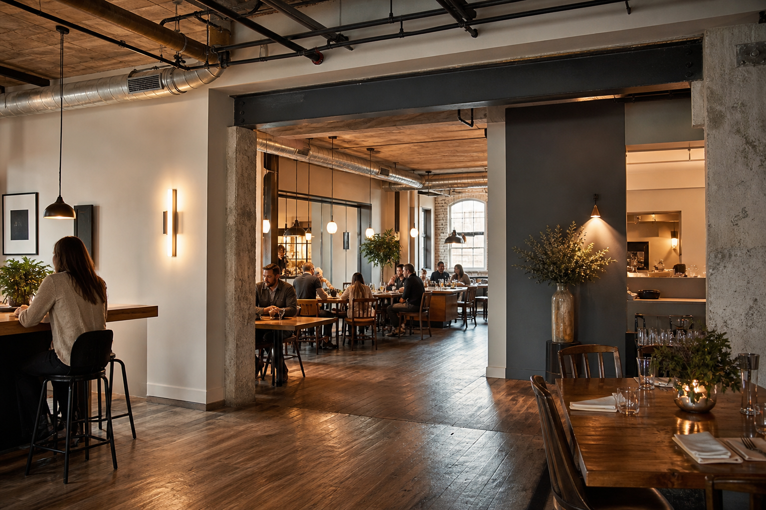 Completed restaurant tenant interior with an integrated structural beam and coordinated exposed utilities