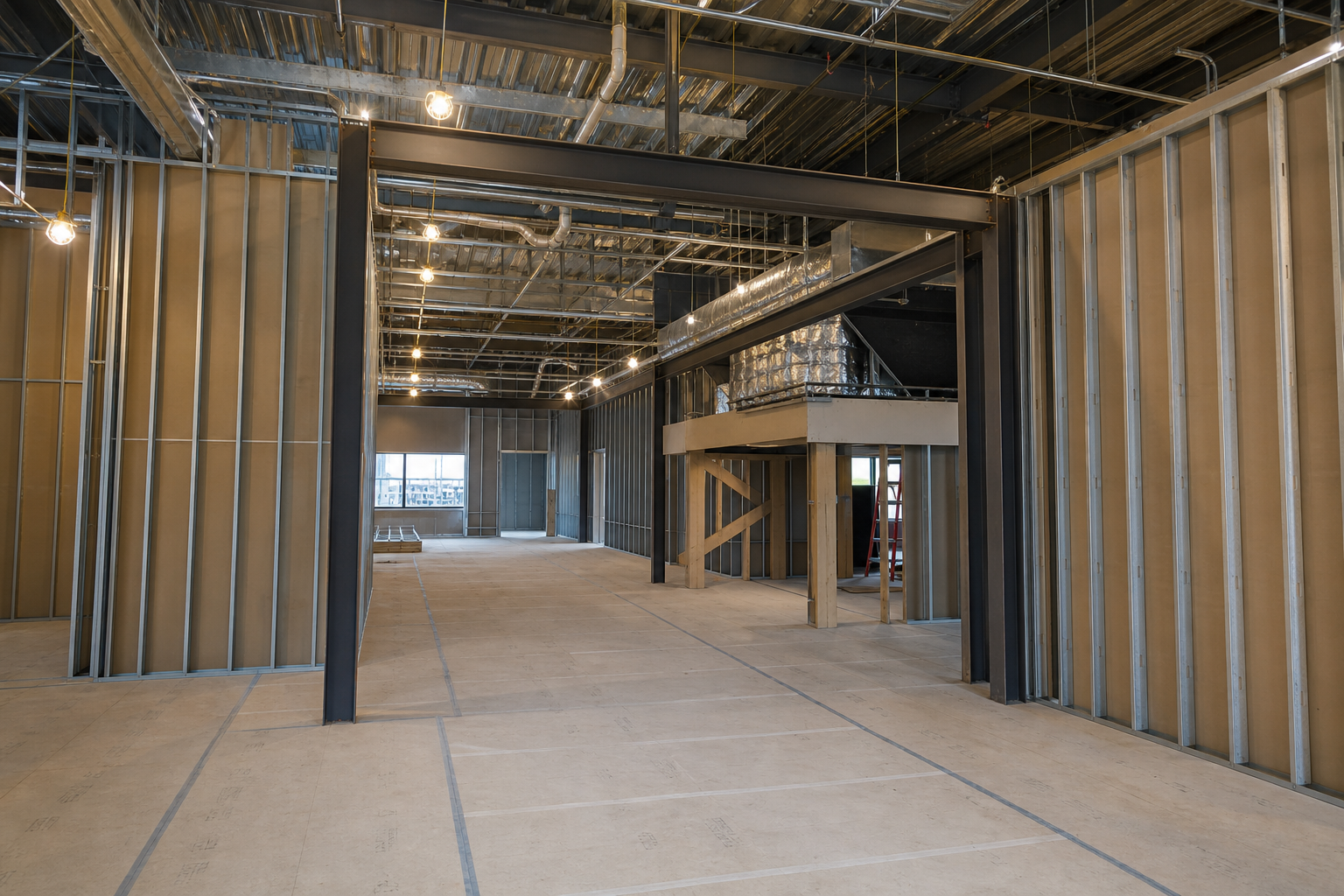 Commercial tenant suite under construction with a new framed opening and coordinated ceiling utilities