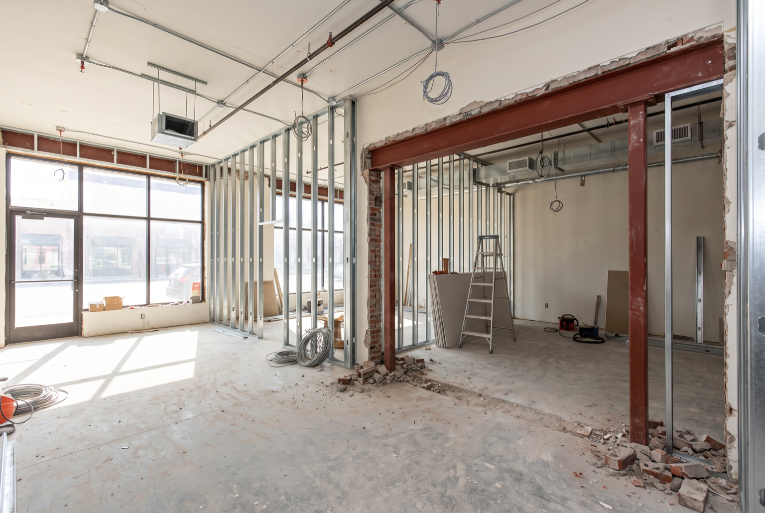 Commercial tenant build-out with a new structural opening framed by a steel header and posts