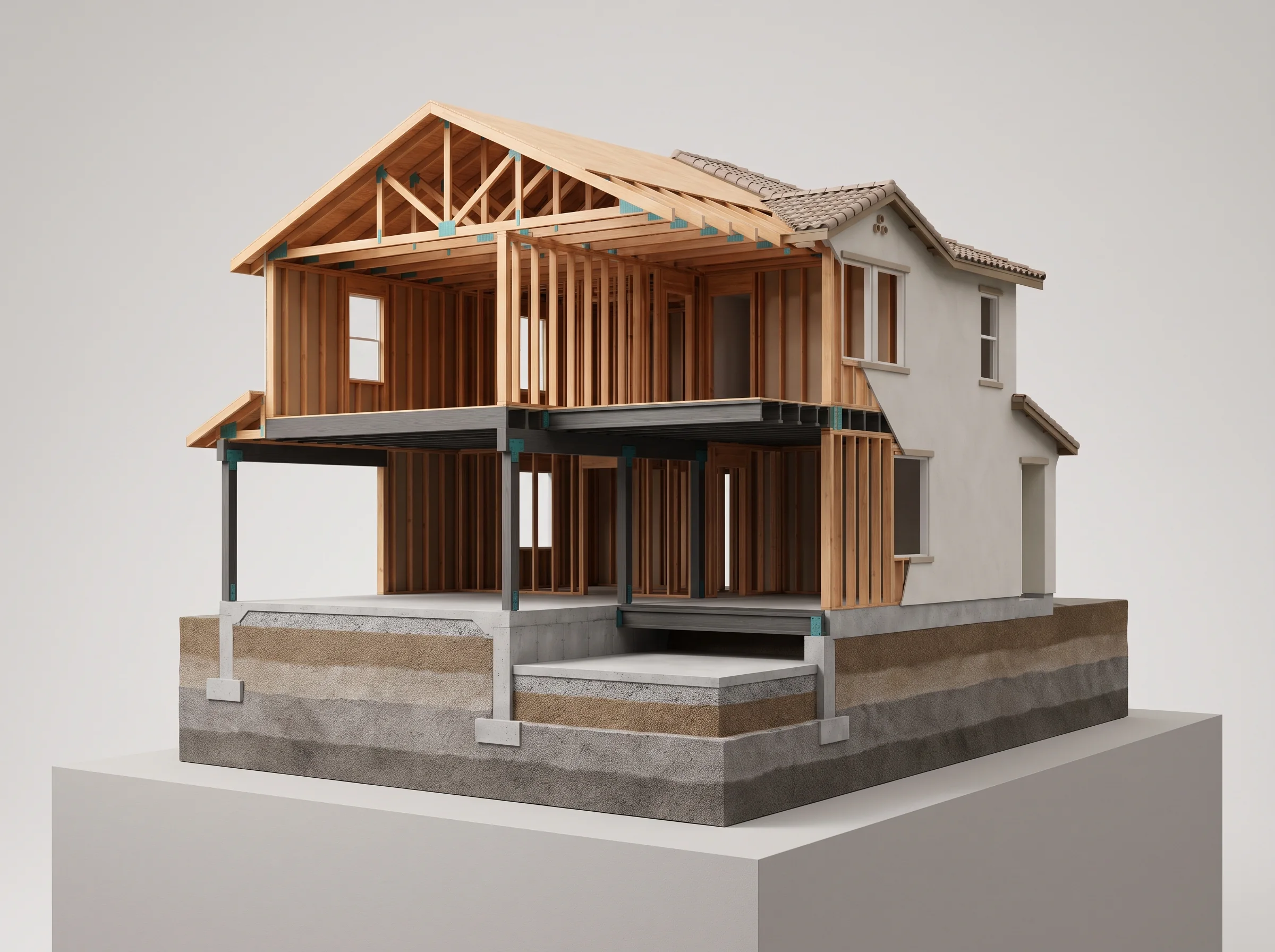 Cutaway of a two-story home showing roof framing, wall structure, floor systems, and foundation