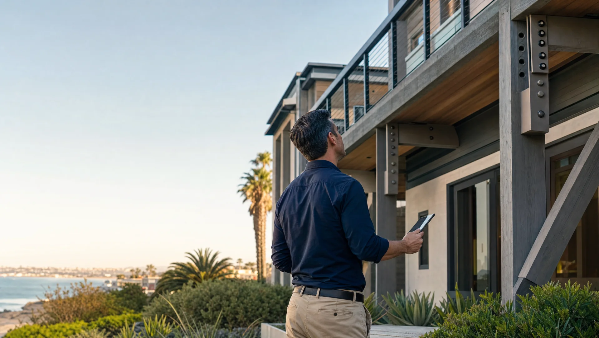 California licensed professional engineer reviewing the exterior structure of an Orange County property