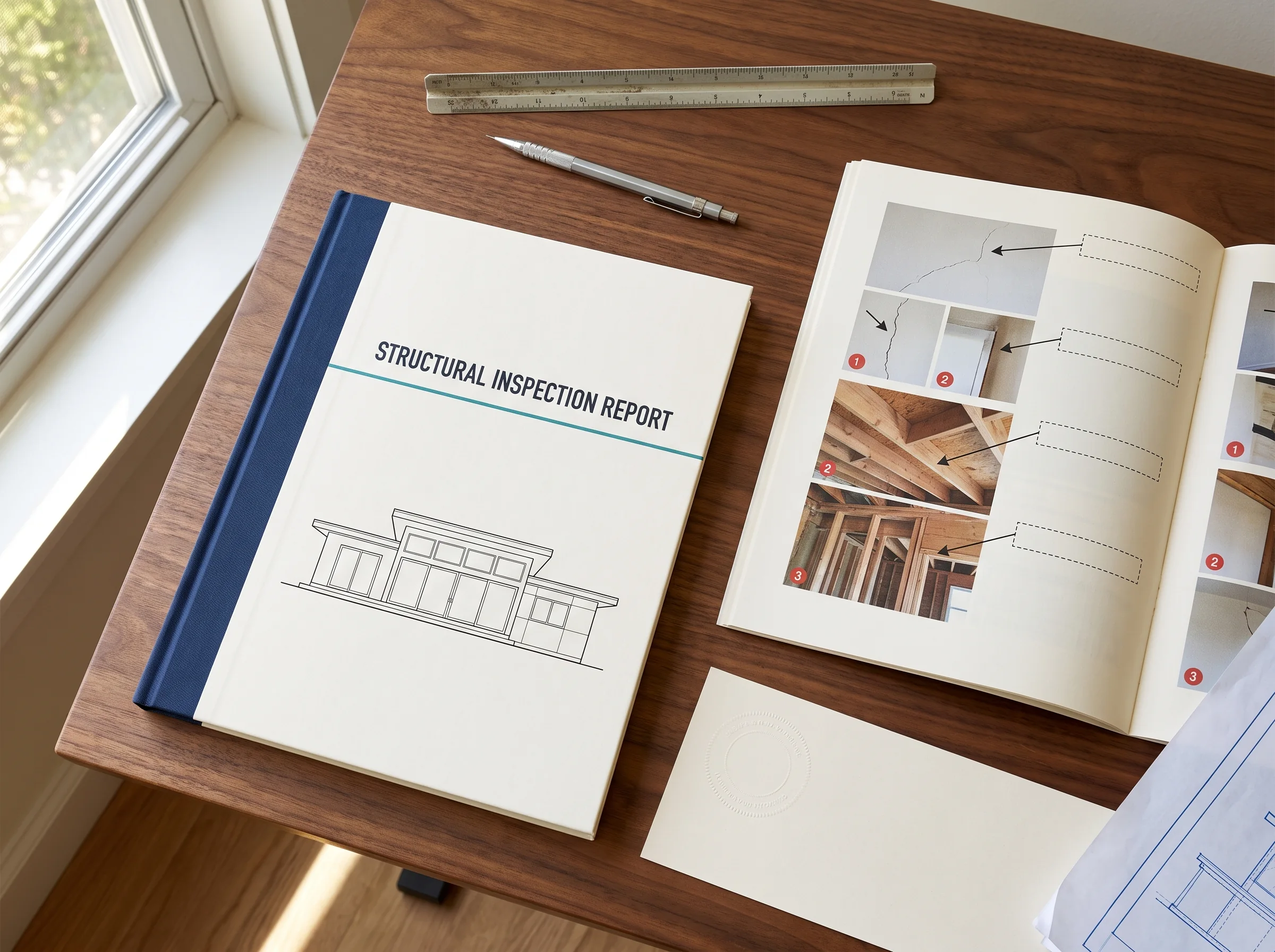 Bound structural inspection report beside engineering plans, a scale ruler, and a pencil