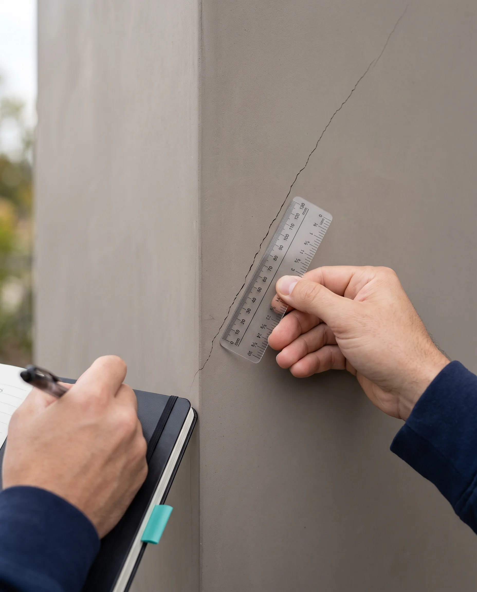 Close-up documentation of a crack during a property inspection