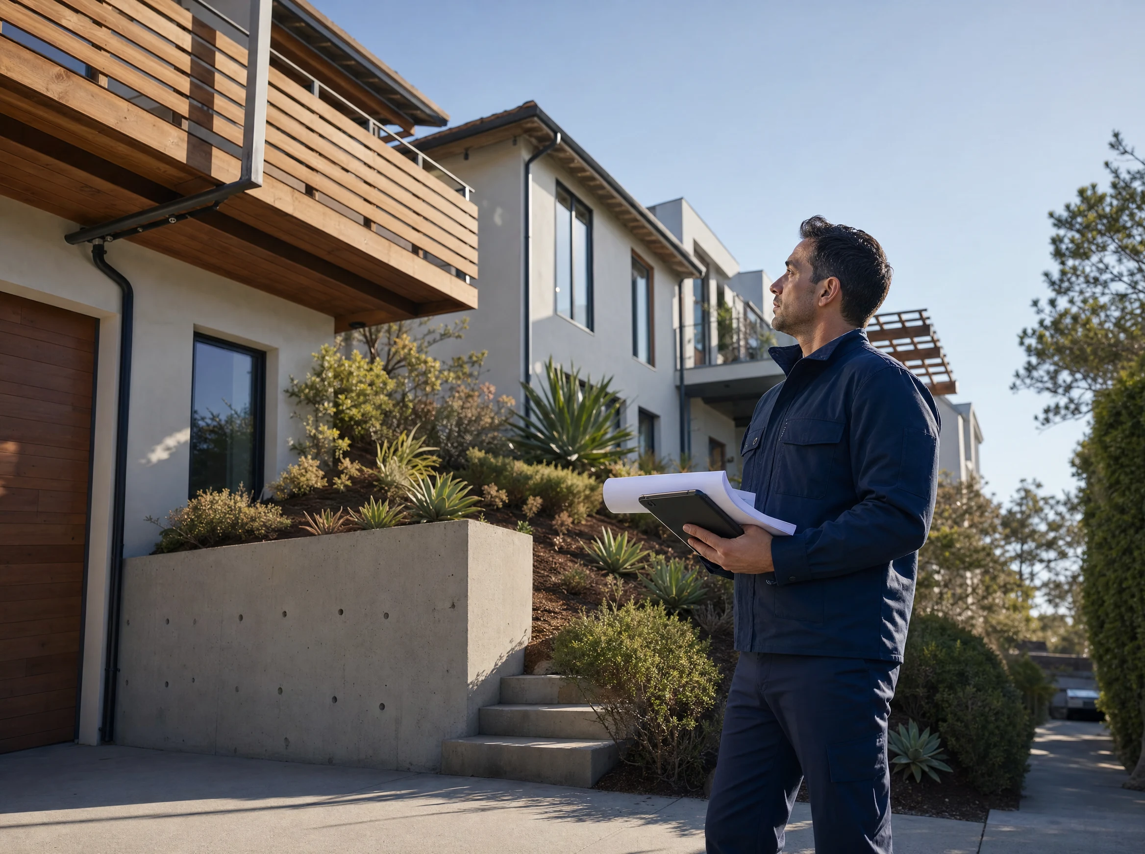 Professional Engineer evaluating a Southern California building, balcony, roofline, and foundation